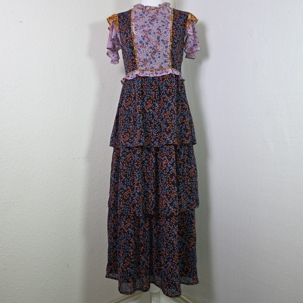 Sui by Anna Sui Patchwork Floral Tiered Maxi Dress – XS